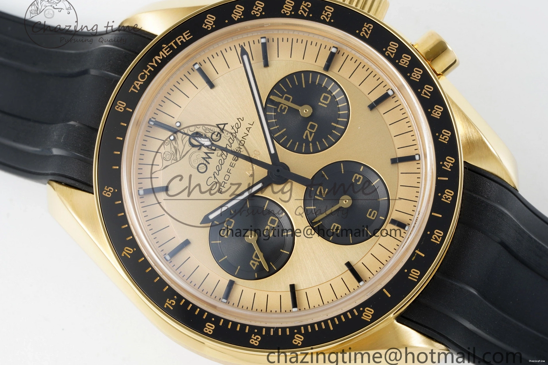 0327 TimelessDesign Speedmaster Moonwatch in Moonshine Gold YG RMF Best Edition YG Dial on Black Rubber Strap Manual Chrono 7834